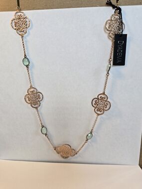 DYADEMA STERLING VERMEIL Rose Gold Filigree Necklace with Pale Green Stones